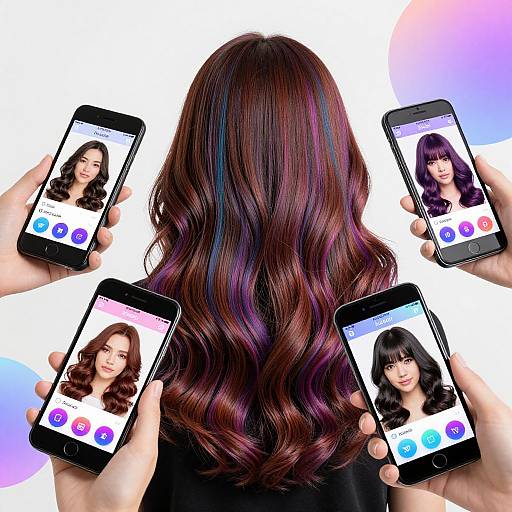 Photograph of a woman with long, wavy, multi-colored hair holding four smartphones displaying four different women's faces on a white background.