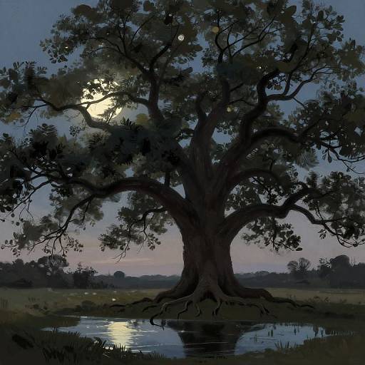 Digital painting of a massive, dark silhouetted tree at night, moonlight filtering through leaves, reflected in a calm pond.