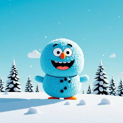 Cartoonish Blue Snowman in Winter Landscape