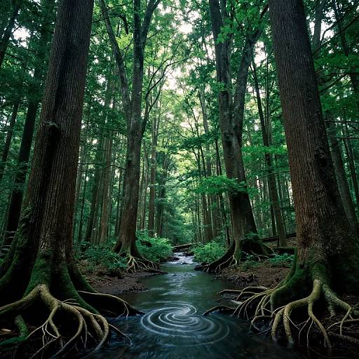 Photograph of a serene forest with tall, lush green trees, a narrow, winding stream reflecting light, and exposed tree roots.