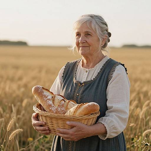 Photograph of an elderly white woman with gray hair, wearing a blue pinafore over a white blouse, holding a basket of freshly baked bread in