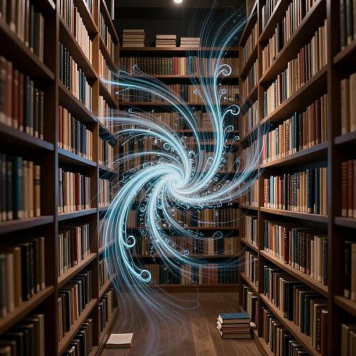 Photograph of a library aisle with dark wooden shelves filled with books, centered by a swirling, ethereal blue light vortex.