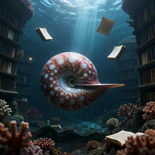 Surreal Nautilus Exploring Submerged Library
