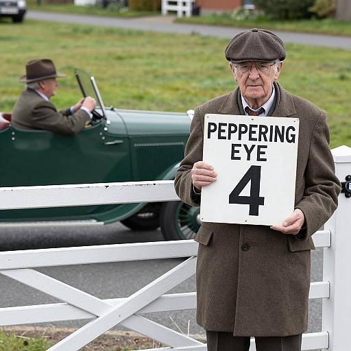 Elderly Man Holding Peppering Eye Sign by Vintage Car