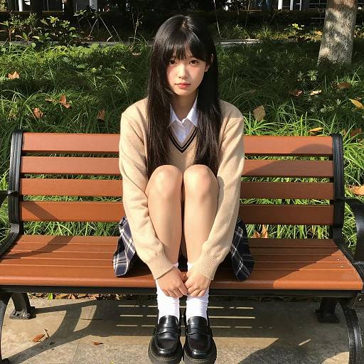 Asian Girl Sitting on Park Bench