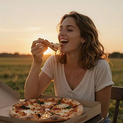 Photograph of a smiling woman with wavy brown hair, wearing a white V-neck tee, eating a slice of pizza at sunset in a grassy