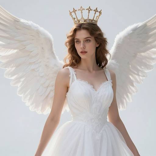 Photograph of a fair-skinned woman with wavy brown hair, wearing a white dress, golden crown, and large white angel wings, set against
