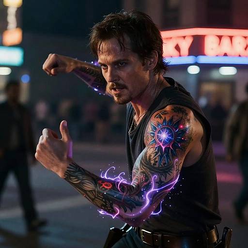 Mystical Tattooed Hero in Neon Night