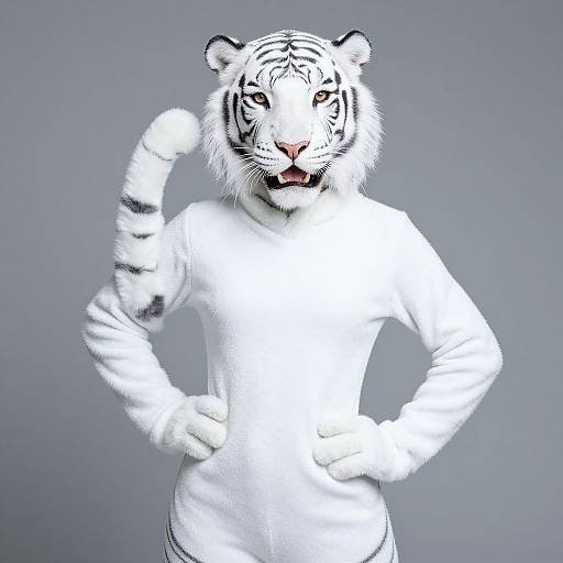 Photograph of a white anthropomorphic tiger in a white shirt, standing with one hand on hip and the other raised, against a gray background. Tiger
