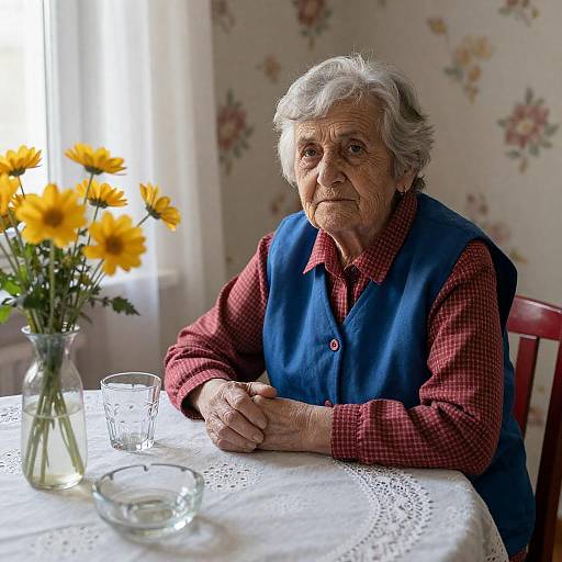 Serious Elderly Woman in Sunlit Room