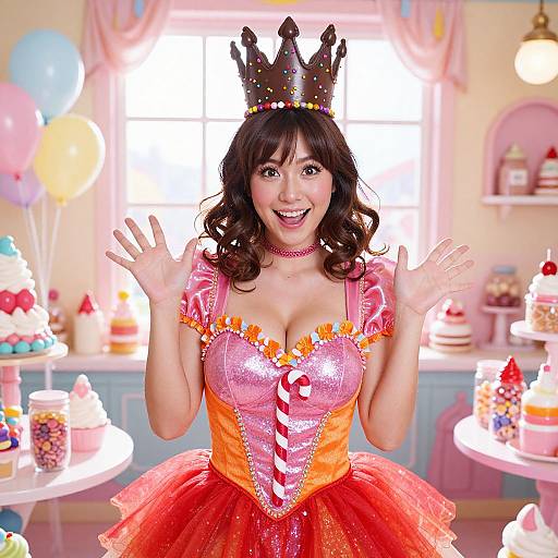 Photograph of an Asian woman with curly black hair, wearing a pink and orange sparkly dress with a red tutu, black crown, and smiling