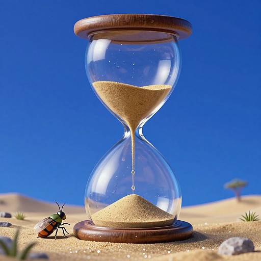 Photograph of a glass hourglass with sand trickling, a colorful beetle on the sand, against a bright blue desert sky.