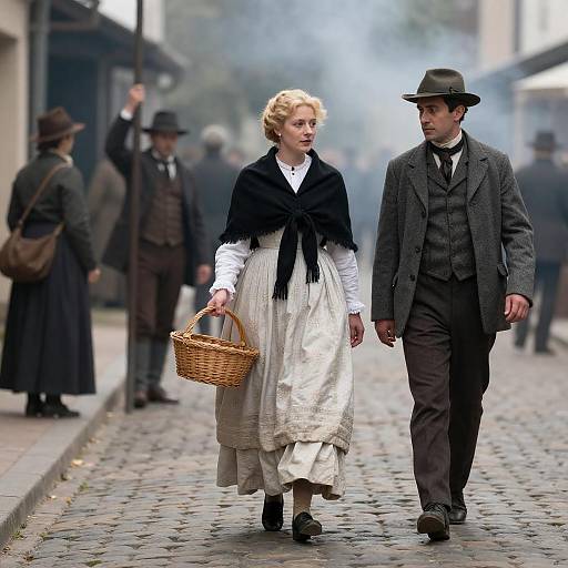 19th-Century Cobblestone Street Scene with Woman
