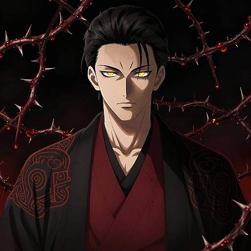 Digital anime-style portrait of a stern, black-haired man with glowing yellow eyes, wearing a red and black kimono, surrounded by thorny branches.