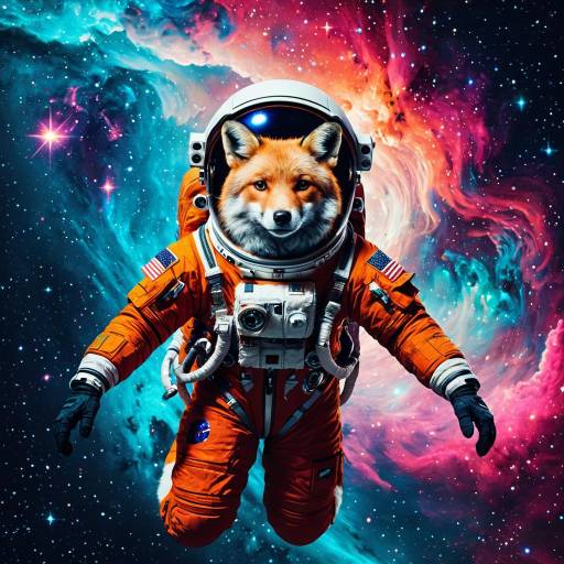 Fox Astronaut Floating in Colorful Nebula
