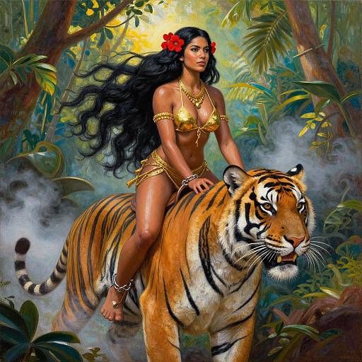 Digital painting of a dark-skinned woman with long black hair, red flower, gold bikini, riding a tiger through a lush jungle.
