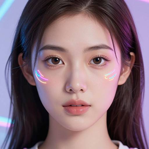 Digital portrait of a young Asian woman with long dark hair, glowing neon light patterns on her cheeks, and a neutral expression. Background features blue and purple