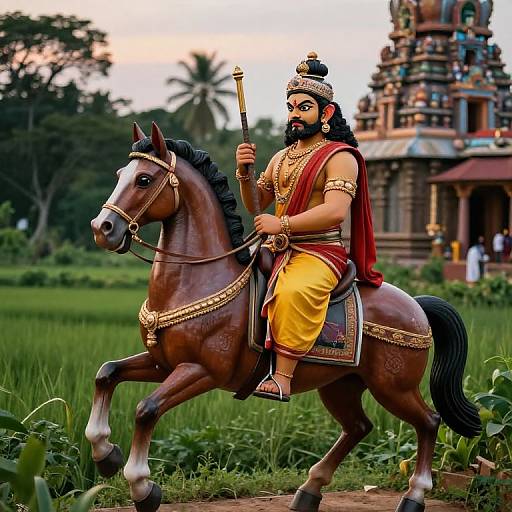 Photograph of a detailed statue of a bearded Hindu deity with dark skin, wearing gold jewelry and a red-yellow dhoti, riding a brown