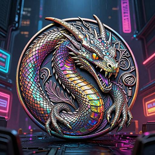 Digital artwork of a vibrant, neon-lit, dragon coiled inside a spherical, mosaic cage in a futuristic, neon-lit cityscape.
