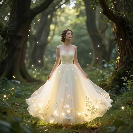 Photograph of a fair-skinned woman with brown hair in a white, glowing, fairy-tale style dress, surrounded by enchanted forest lights in a