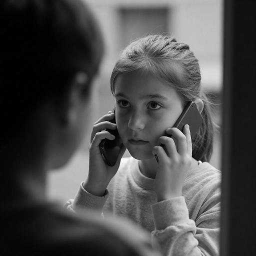 Black-and-White Girl on Phone at Window