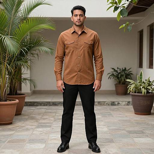 Photograph of a medium-build man with short black hair, brown shirt, black pants, and black shoes, standing in a potted plant courtyard.