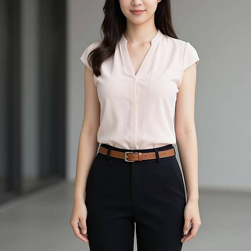 Photograph of an Asian woman with long black hair, wearing a white sleeveless blouse, black pants, and brown belt, standing indoors.