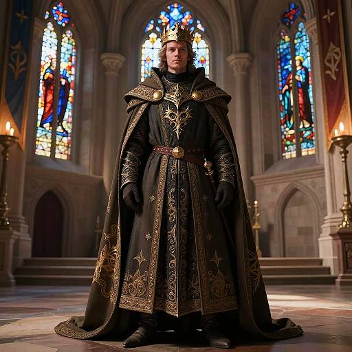 Photorealistic CGI of a regal, handsome man in ornate black robes with gold embroidery, crown, and belt, standing in a grand,