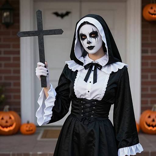 Photograph of a person in a black and white nun costume with white face paint, black lipstick, holding a wooden cross, standing in front of a