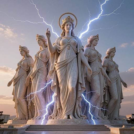Photograph of a marble statue of six goddess-like figures with lightning bolts striking them, wearing flowing robes, crowned, and standing in a row against a