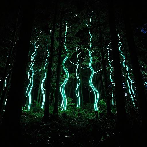 Photograph of a dark forest with glowing, neon-blue, wavy light trails illuminating the tree trunks and foliage, creating an ethereal,