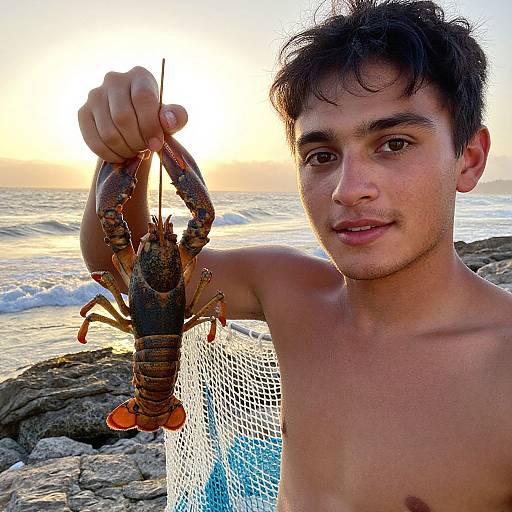 Young, shirtless man with short dark hair holding a large orange lobster at sunset, standing on rocky beach with net behind.