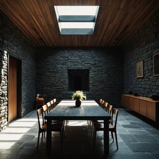 Minimalist Dark Stone Dining Room with Skylight