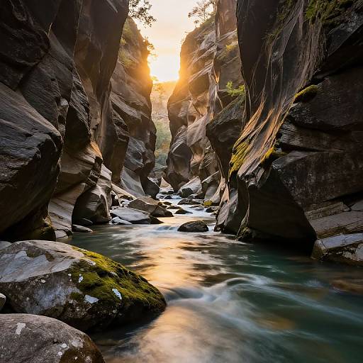 Photograph of a narrow, rocky canyon with sunlight streaming through, illuminating the dark, smooth rocks and flowing, misty water below.