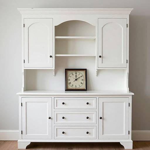 Photograph of a white wooden hutch with arched top, three upper cabinets, two lower drawers, a central clock, and a light gray wall
