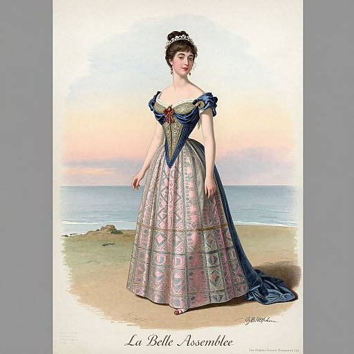 Digital illustration of a Victorian woman in an ornate, blue and pink patterned dress, standing on a beach at sunset. Text: 