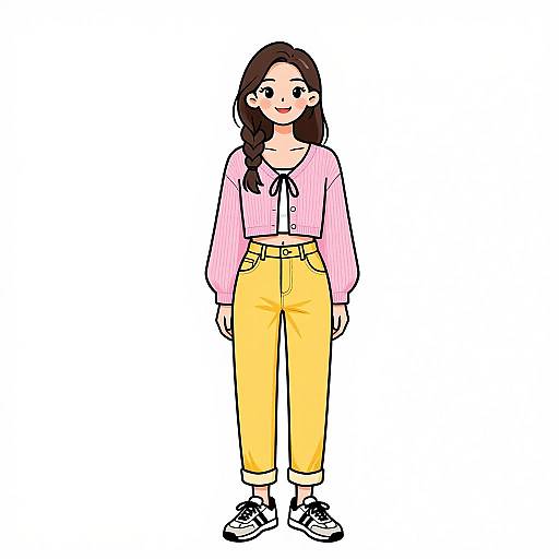 Digital illustration of a smiling young woman with long brown hair, wearing a pink long-sleeve top, yellow high-waisted pants, and black
