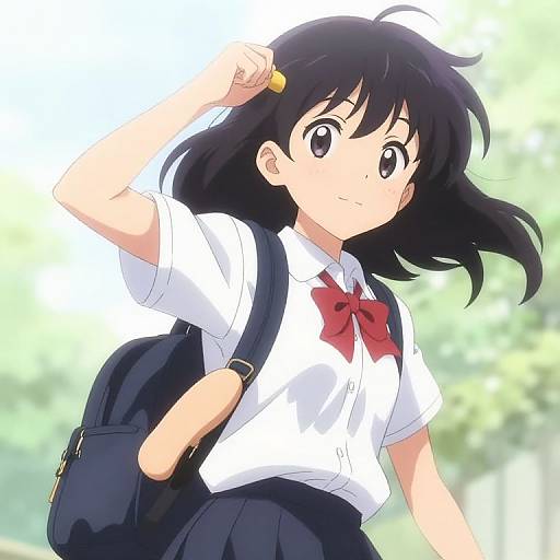Anime-style drawing of a young girl with black hair, wearing a white shirt with a red bow, navy skirt, and black backpack, adjusting her hair
