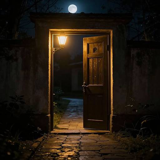 Moonlit Streetlamp Illuminates Mystery Path