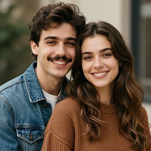 Photograph of a smiling couple; man with dark curly hair and mustache in blue denim jacket, woman with long brown hair in brown sweater.