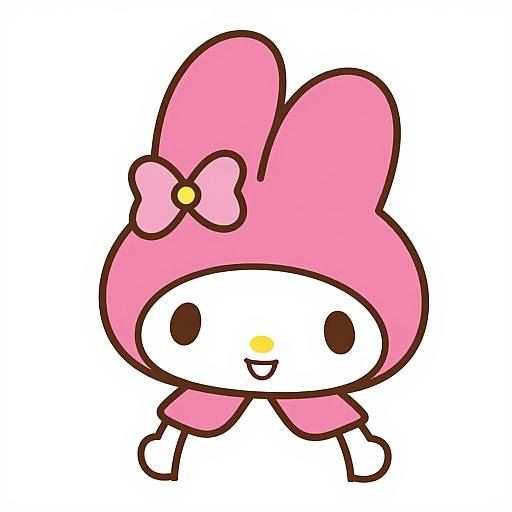 Cute digital drawing of a pink bunny character with a large pink bow, white face, black eyes, yellow nose, and simple arms.