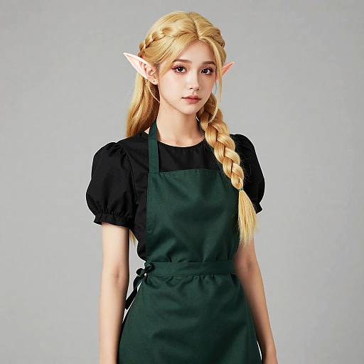 Young Woman with Elf Ears in Green Apron