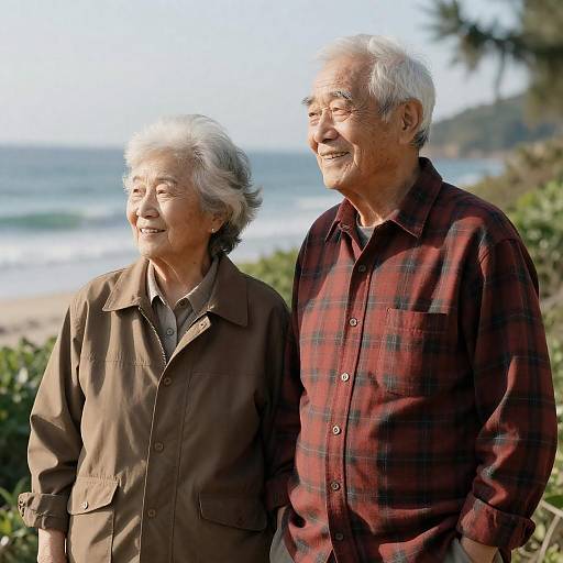 Elderly Couple Smiling Outdoors by the Ocean