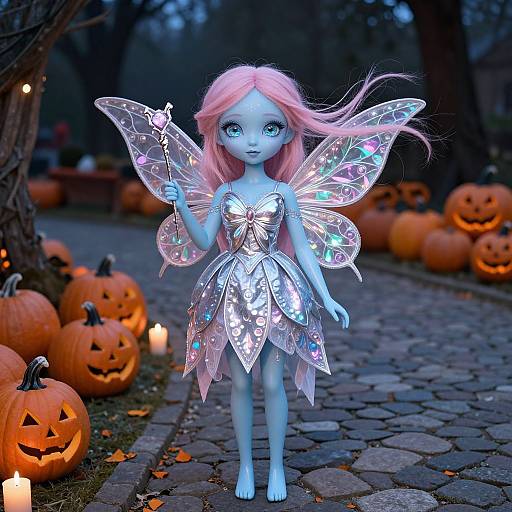Photograph of a blue-skinned fairy doll with pink hair, glowing wings, and a metallic dress, standing on a cobblestone path surrounded by