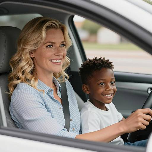 Mother teaching son to drive car