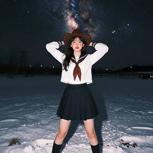 Digital artwork of an Asian woman in a white sailor top, black skirt, and cowboy hat, standing in snowy night landscape with a galaxy backdrop. Hands