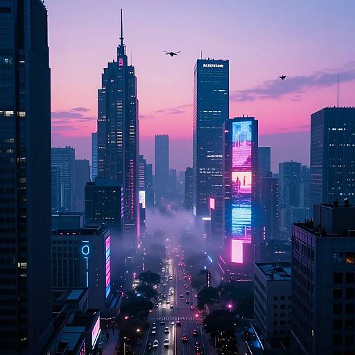 Neon-lit cityscape at dusk, showcasing towering skyscrapers with vibrant pink, blue, and purple lights, foggy streets, and flying