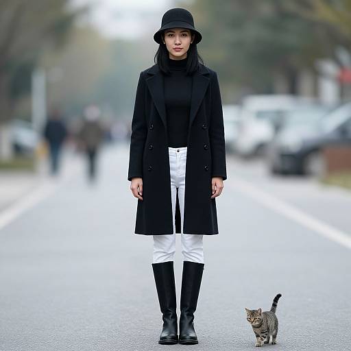 Photograph of an Asian woman in a black coat, white pants, and black boots, standing on a blurred street with a small gray tabby cat