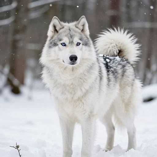 Photograph of a striking, blue-eyed Siberian Husky with thick, white and gray fur, standing in a snowy forest, looking directly at the