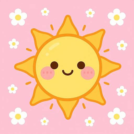 Cute Sun with Pink Cheeks and White Daisies